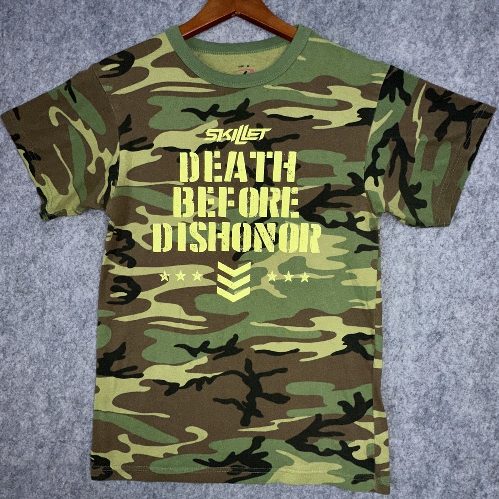 Skillet Shirt Mens M Green Camo "Death Before Dishonor" Christian Rock Band